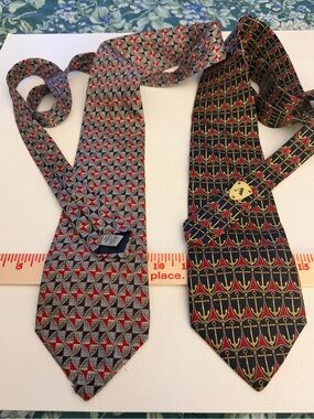 Aquascutum Navy & Gold Anchor Silk Tie and Gray Red Geometric Silk Tie -Set of 2